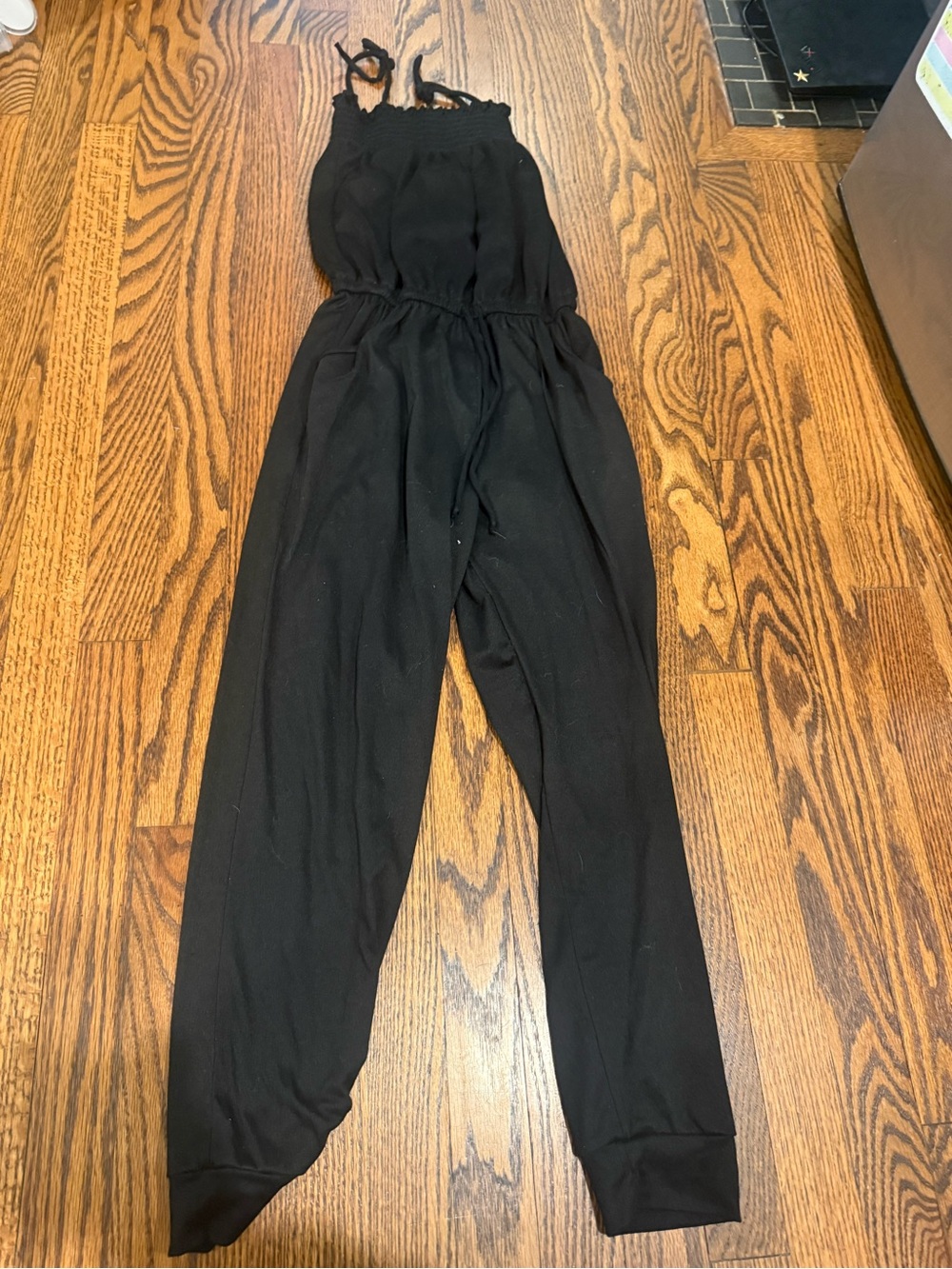Girls' Black Smocked Strap Jumpsuit